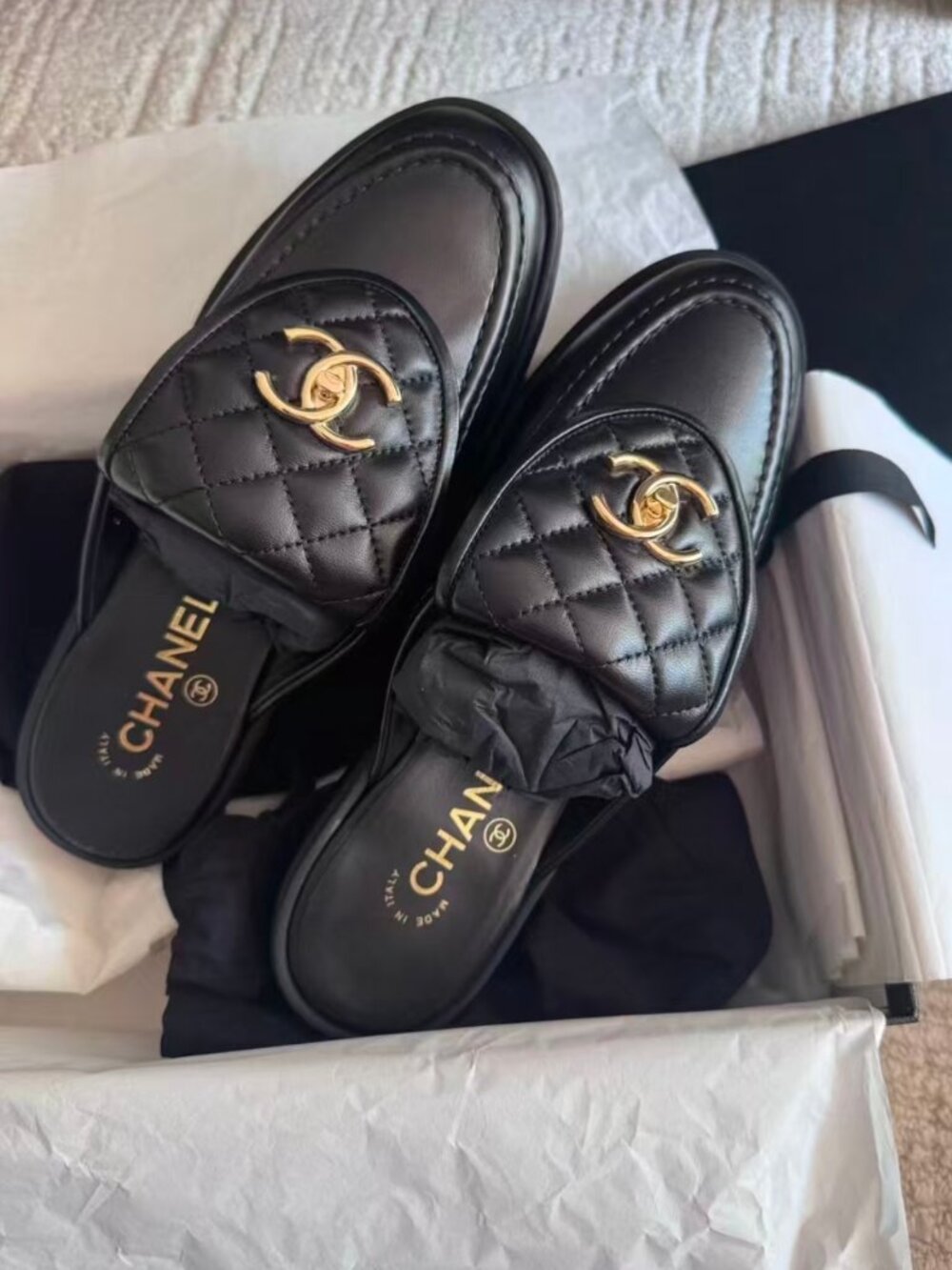 CHANEL Black Quilted Lambskin CC Turnlock Backless Loafer Mules